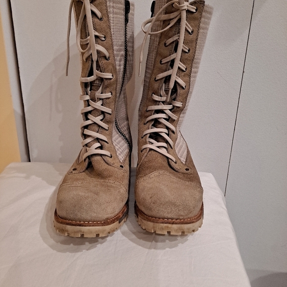 Woolrich Women Santa Fe Boots Brown Beige Leather Wool Plaid Lace Up Sz 9.5